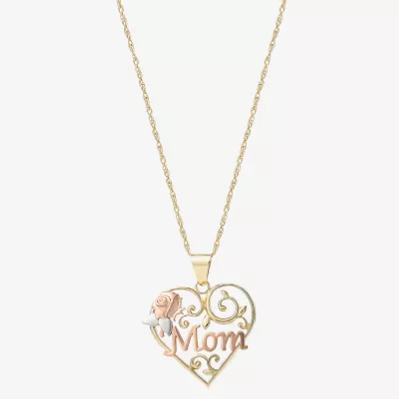 "Mom" Womens 10K Tri-Color Gold Heart 18 Inch Pendant Necklace