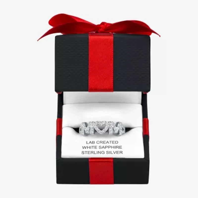 Yes, Please! "Mom" Womens Lab Created White Sapphire Sterling Silver Heart Band