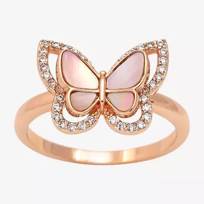 Sparkle Allure Womens Pink Cultured Freshwater Pearl Mother Of 18K Rose Gold Over Brass Butterfly Halo Cocktail Ring