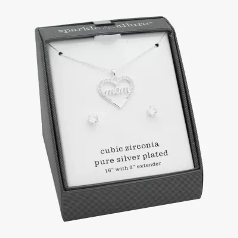 Sparkle Allure Mom Womens Cubic Zirconia Pure Silver Over Brass Heart 2-pc. Jewelry Set