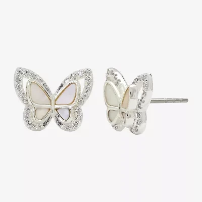 Sparkle Allure Halo White Mother Of Pearl Cultured Freshwater Pearl 13mm Butterfly Stud Earrings