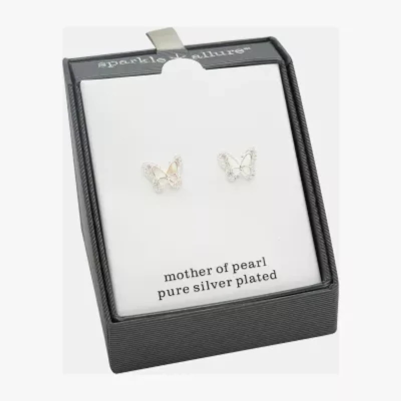 Sparkle Allure Halo White Mother Of Pearl Cultured Freshwater Pearl 13mm Butterfly Stud Earrings