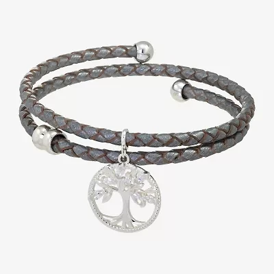 Sparkle Allure Grey Tree Of Life Leather Coil Womens Cubic Zirconia Pure Silver Over Brass Wrap Bracelet