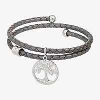 Sparkle Allure Grey Tree Of Life Leather Coil Womens Cubic Zirconia Pure Silver Over Brass Wrap Bracelet