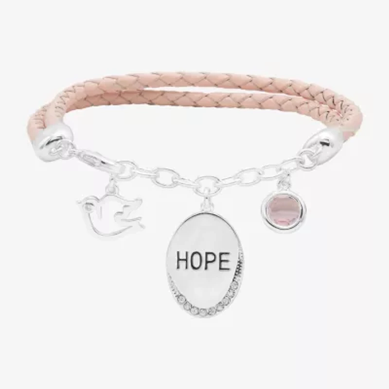 Sparkle Allure Light Pink Hope Leather Womens Cubic Zirconia Pure Silver Over Brass Oval Charm Bracelet