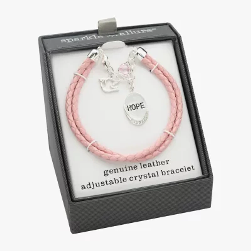 Sparkle Allure Light Pink Hope Leather Womens Cubic Zirconia Pure Silver Over Brass Oval Charm Bracelet