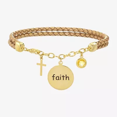 Sparkle Allure Yellow Faith Leather Womens Yellow Crystal 14K Gold Over Brass Cross Charm Bracelet