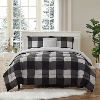 Sweet Home Collection™ 4 Piece Buffalo Plaid Design Reversible to Solid Color with Shams & Throw Pillows