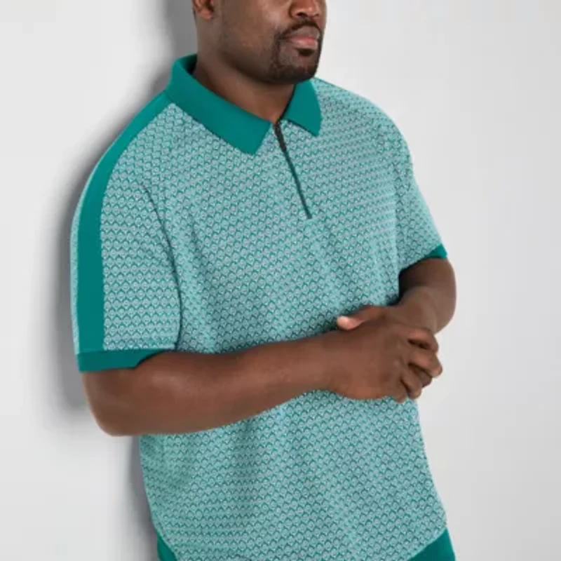 Shaquille O'Neal XLG Quarter Zip Big and Tall Mens Regular Fit Short Sleeve Polo Shirt