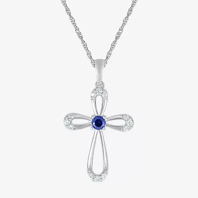 Womens Lab Created Blue Sapphire Sterling Silver Cross 18 Inch Pendant Necklace