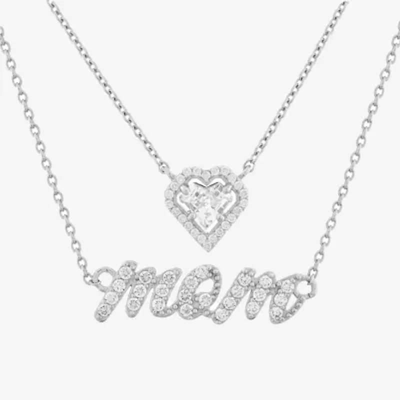 Diamonart Layered Look "Mom" Womens White Cubic Zirconia Sterling Silver Heart 16 Inch Pendant Necklace