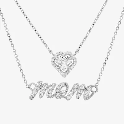 Diamonart Layered Look "Mom" Womens White Cubic Zirconia Sterling Silver Heart 16 Inch Pendant Necklace