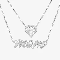 Diamonart Layered Look "Mom" Womens White Cubic Zirconia Sterling Silver Heart 16 Inch Pendant Necklace