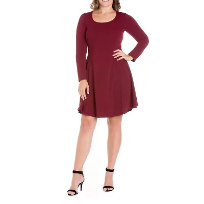 24seven Comfort Apparel Womens Plus Scoop Neck Long Sleeve A-Line Dress