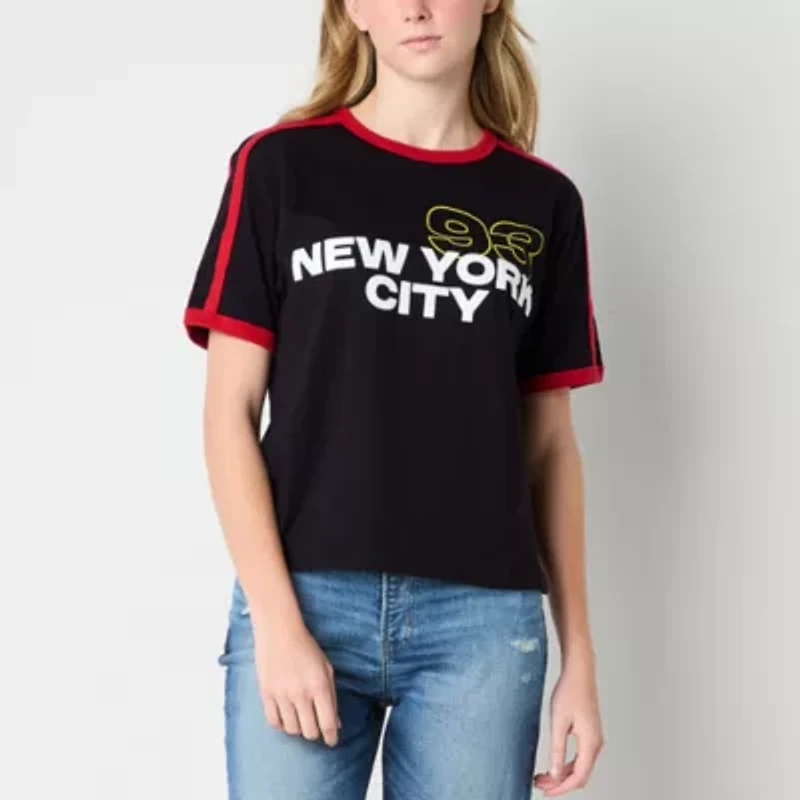 New York Ringer Boyfriend Womens Crew Neck Short Sleeve Loose Fit Juniors Graphic T-Shirt