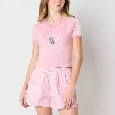 My Melody Ringer Tee Womens V Neck Short Sleeve Fitted Hello Kitty Juniors Graphic T-Shirt
