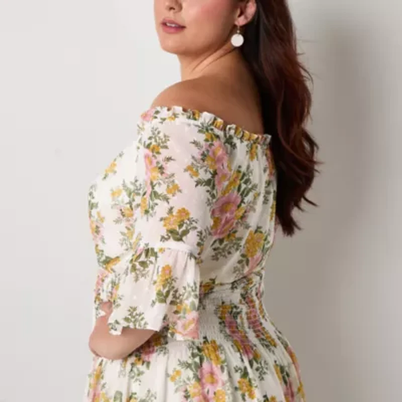 Premier Amour Off The Shoulder Womens 3/4 Sleeve Floral Plus Fit + Flare Dress