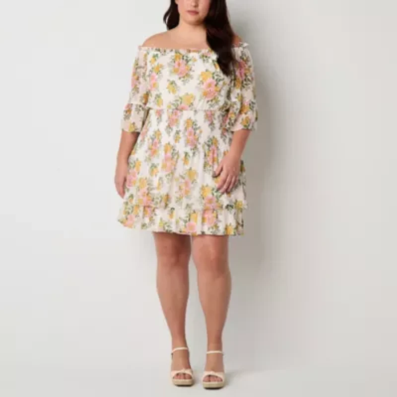 Premier Amour Off The Shoulder Womens 3/4 Sleeve Floral Plus Fit + Flare Dress