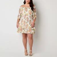 Premier Amour Off The Shoulder Womens 3/4 Sleeve Floral Plus Fit + Flare Dress