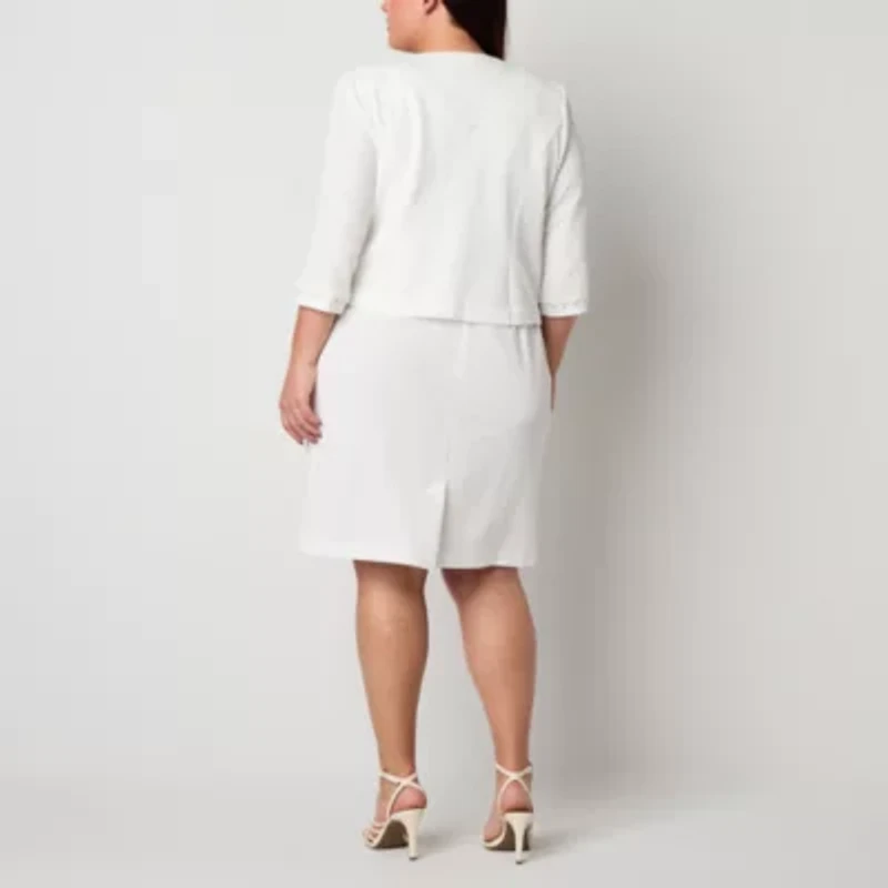 Maya Brooke Womens Pearl Trim Jacket Dress Plus