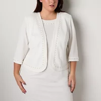 Maya Brooke Womens Pearl Trim Jacket Dress Plus