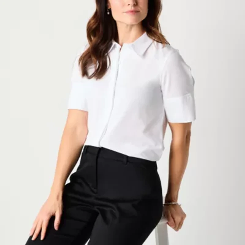 Liz Claiborne Womens Short Sleeve Regular Fit Button-Down Shirt