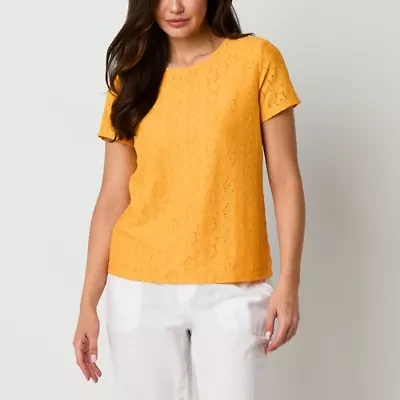 Liz Claiborne Womens Round Neck Short Sleeve Lace Blouse