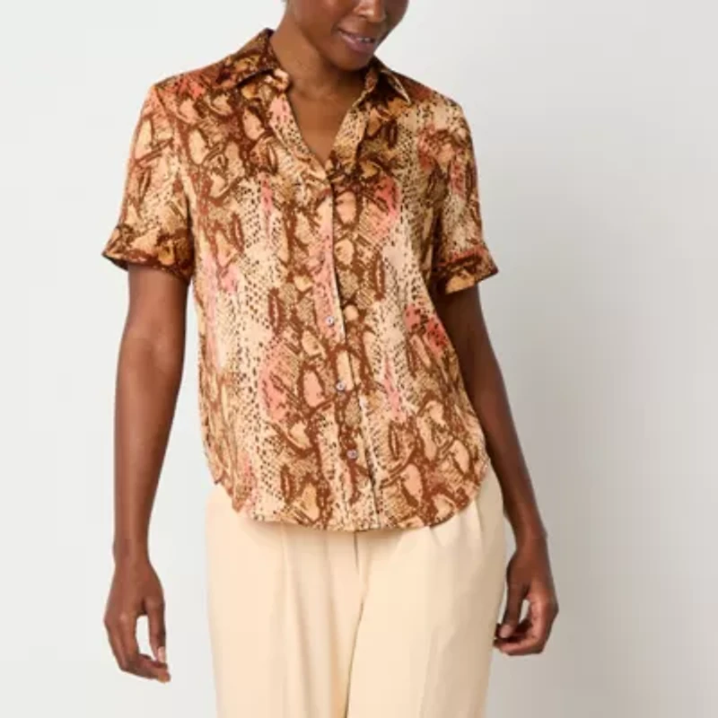 Worthington Womens Short Sleeve Regular Fit Button-Down Shirt