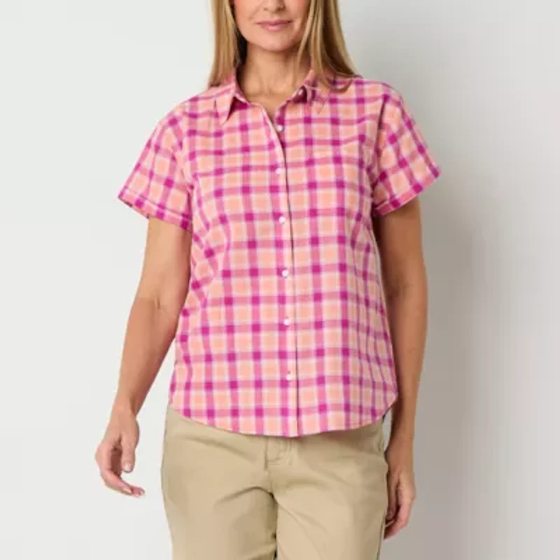 St. John's Bay Womens Short Sleeve Regular Fit Button-Down Shirt