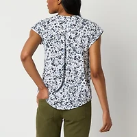 Liz Claiborne Womens V Neck Short Sleeve Cap Regular Fit Button-Down Shirt