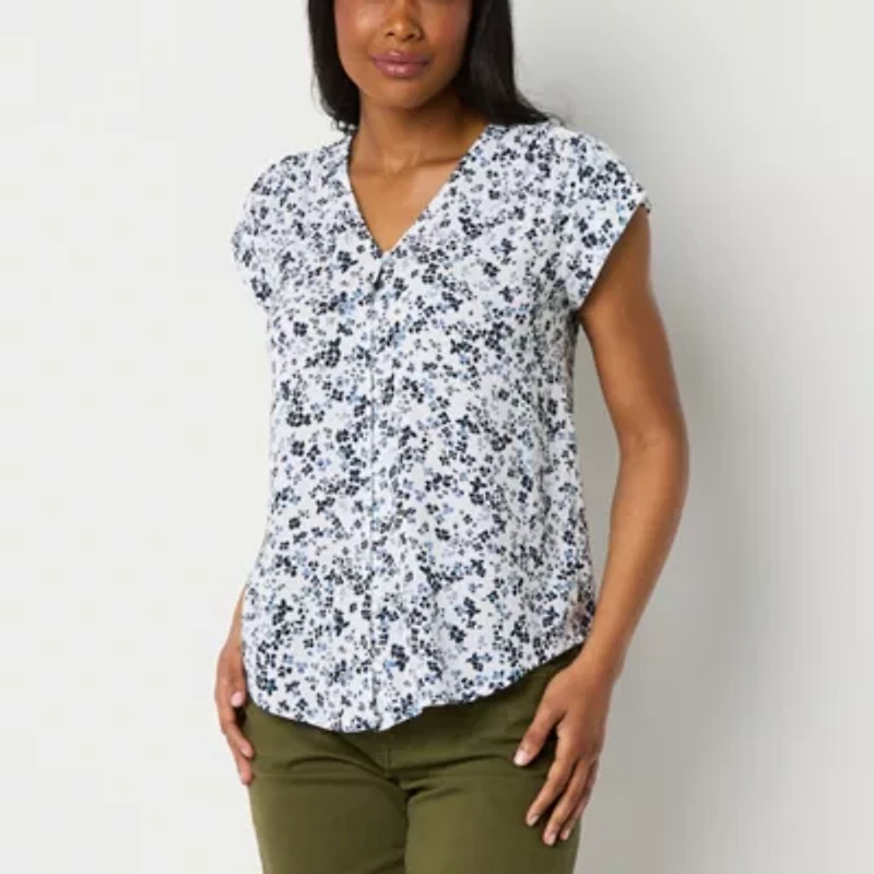 Liz Claiborne Womens V Neck Short Sleeve Cap Regular Fit Button-Down Shirt