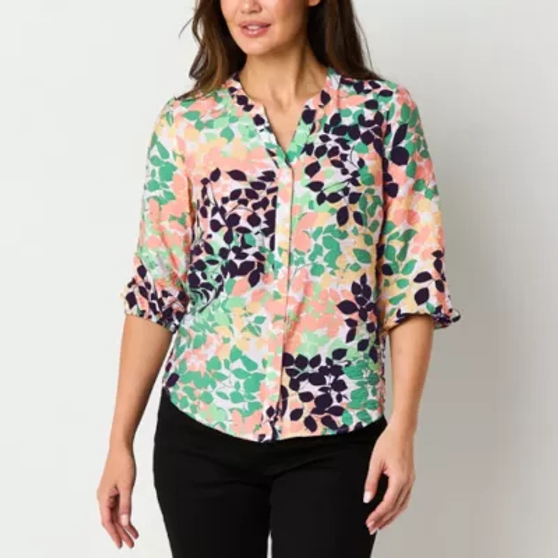 Liz Claiborne Womens Split Crew Neck 3/4 Sleeve Fitted Regular Fit Button-Down Shirt