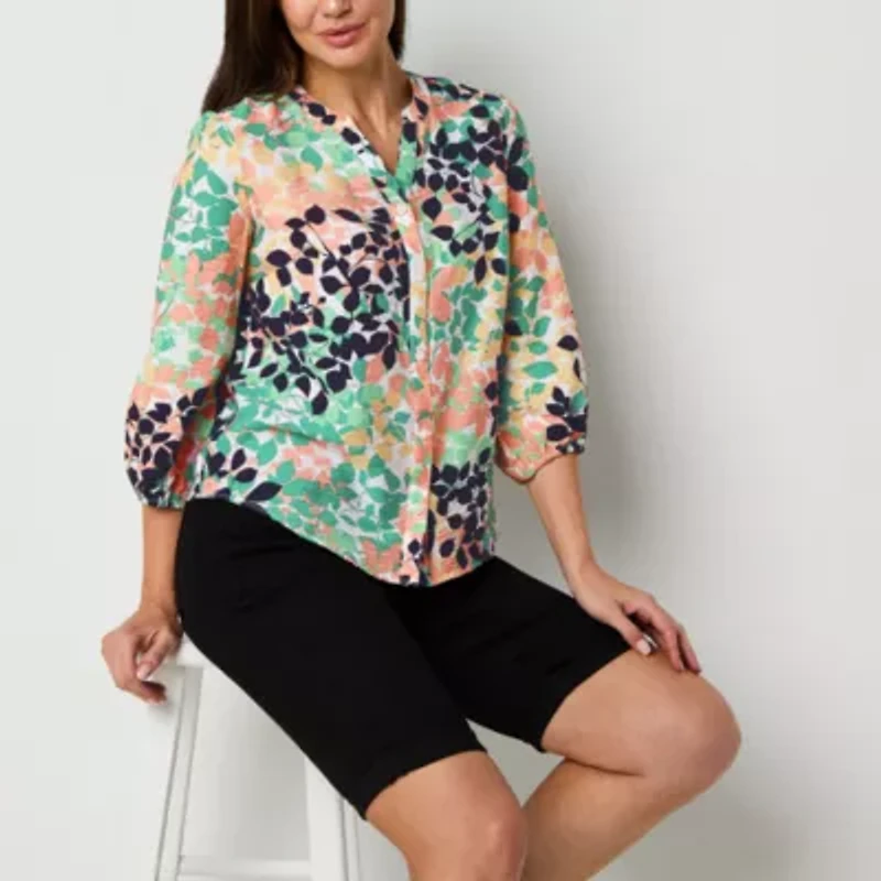 Liz Claiborne Womens Split Crew Neck 3/4 Sleeve Fitted Regular Fit Button-Down Shirt