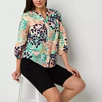 Liz Claiborne Womens Split Crew Neck 3/4 Sleeve Fitted Regular Fit Button-Down Shirt