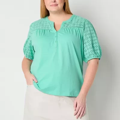 St. John's Bay Womens Plus Split Crew Neck Short Sleeve T-Shirt