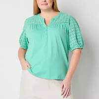 St. John's Bay Womens Plus Split Crew Neck Short Sleeve T-Shirt