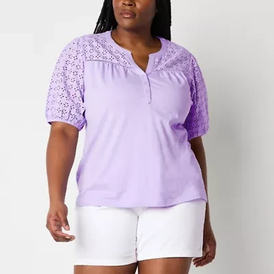 St. John's Bay Womens Split Crew Neck Short Sleeve Plus T-Shirt