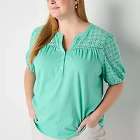 St. John's Bay Womens Plus Split Crew Neck Short Sleeve T-Shirt