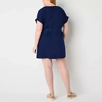 St. John's Bay Womens Belted Short Sleeve Plus Shift Dress