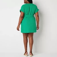 St. John's Bay Womens Plus Belted Short Sleeve Shift Dress