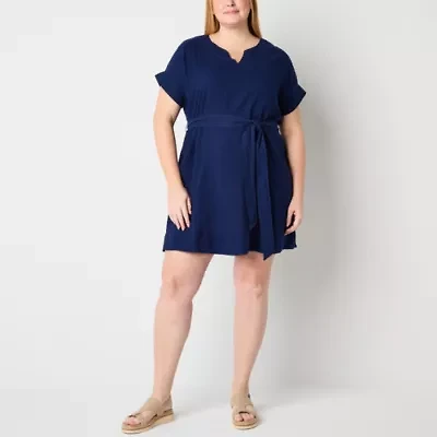 St. John's Bay Womens Belted Short Sleeve Plus Shift Dress