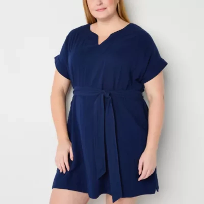 St. John's Bay Womens Belted Short Sleeve Plus Shift Dress