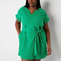 St. John's Bay Womens Plus Belted Short Sleeve Shift Dress