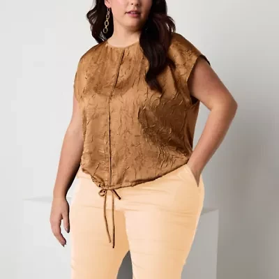 Worthington Womens Plus Round Neck Short Sleeve Satin Blouse