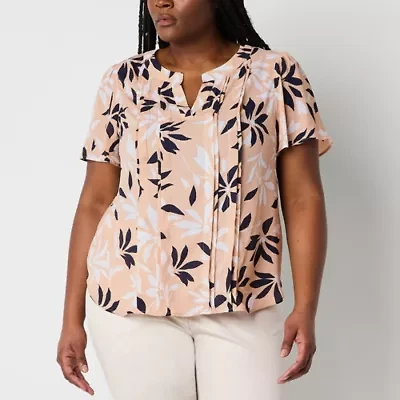 Liz Claiborne Womens Split Crew Neck Short Sleeve Plus Blouse