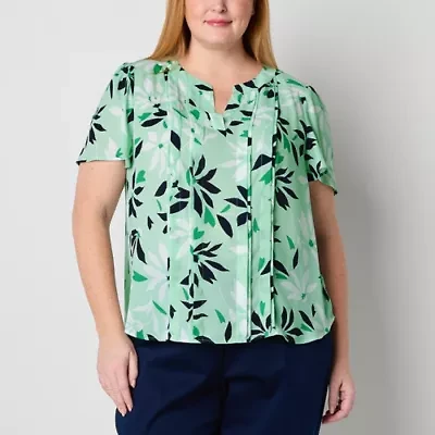 Liz Claiborne Womens Split Crew Neck Short Sleeve Plus Blouse