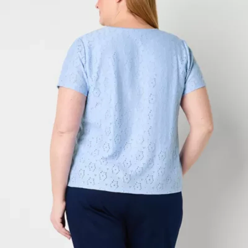 Liz Claiborne Womens Plus Round Neck Short Sleeve Lace Blouse