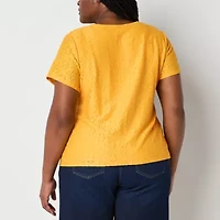 Liz Claiborne Womens Round Neck Short Sleeve Lace Plus Blouse