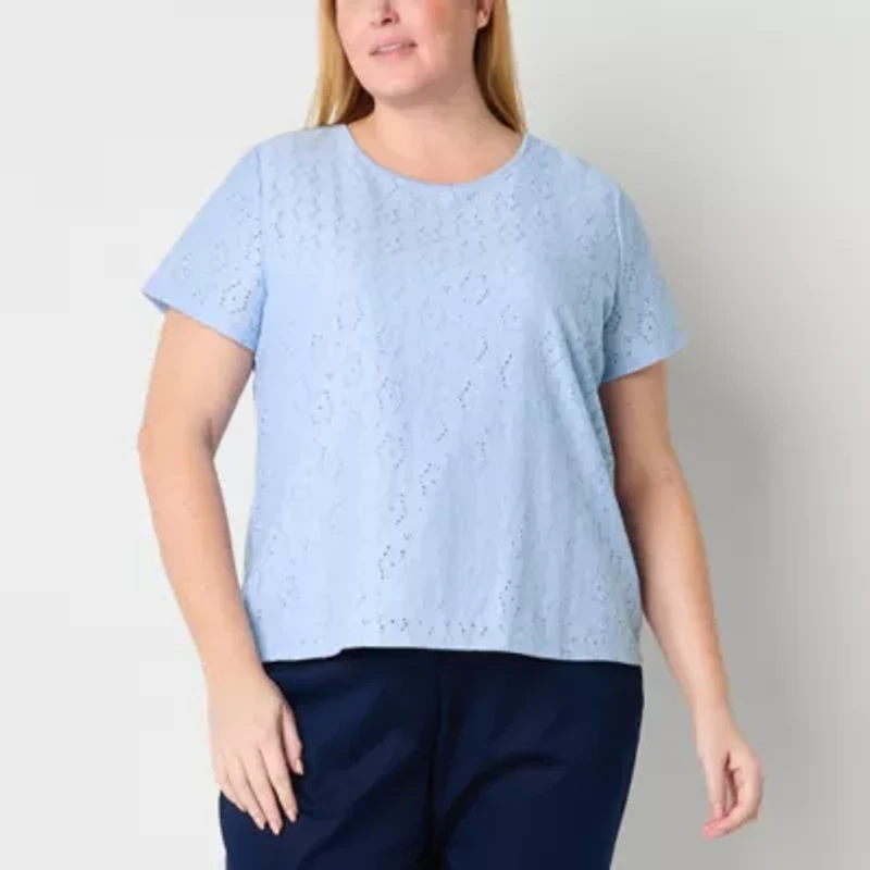 Liz Claiborne Womens Plus Round Neck Short Sleeve Lace Blouse