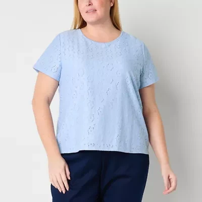 Liz Claiborne Womens Plus Round Neck Short Sleeve Lace Blouse
